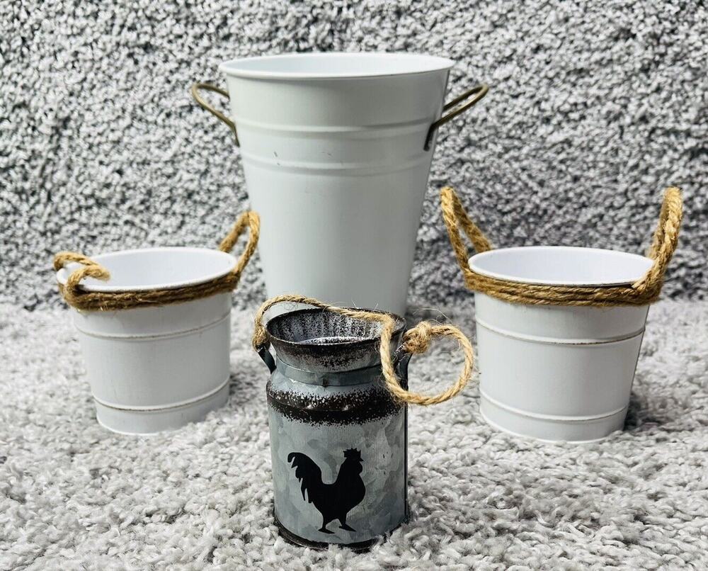 White Metal Bucket Container Round Farmhouse Bundle Of 4 Size Varies Home Decor